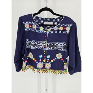 Platinum Dorothy Schoelen blue beaded lagenlook crop blazer jacket Sz S